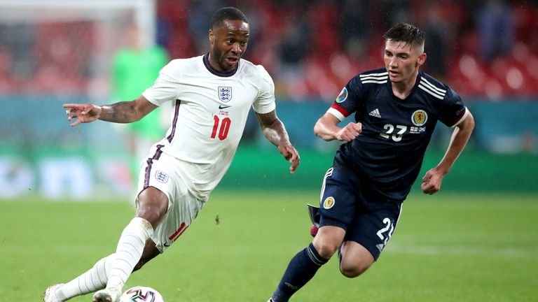 England's Raheem Sterling (left) and Scotland's Billy Gilmour fight for the ball in the UEFA Euro 2020 Group D match at Wembley Stadium, London.  Picture date: Friday June 18, 2021.