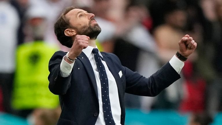 Soccer Football - Euro 2020 - Round of 16 - England v Germany - Wembley Stadium, London, Great Britain - June 29, 2021 England's Gareth Southgate celebrates at the end of the Pool match via REUTERS / Frank Augstein