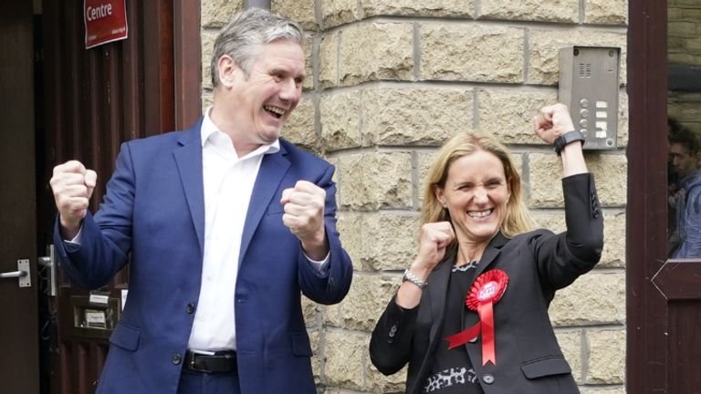 Labor leader Keir Starmer reacts with Kim Leadbeater in Clackheaton after winning the Batley and Spen by-election and now represents the seat previously held by his sister Jo Cox, who was murdered in the constituency in 2016. Date of the election photo: Friday July 2, 2021.