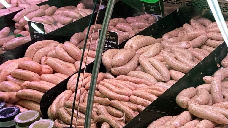 Sausages on sale at the butchers at Polhill Farm Shop near Sevenoaks 3/20/2020