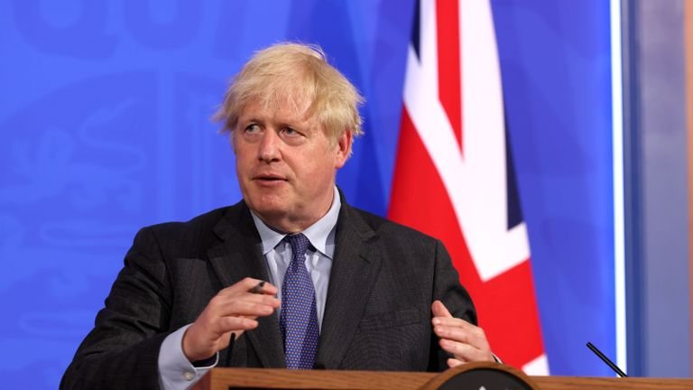 Prime Minister Boris Johnson, during a press briefing in Downing Street, London, on the coronavirus (Covid-19).  Photo date: Monday, June 14, 2021.