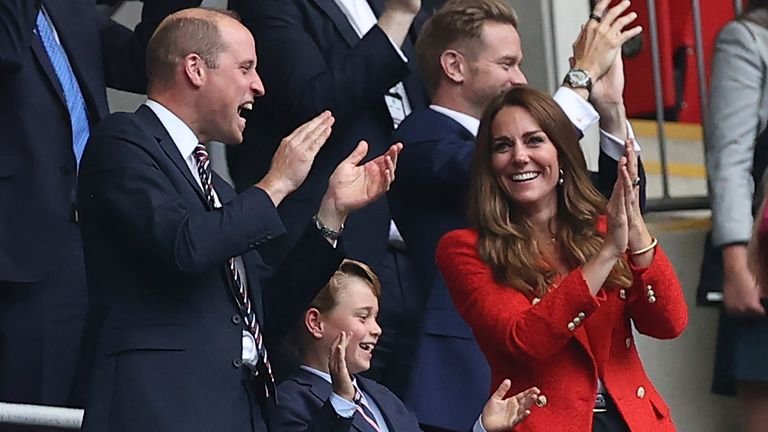     Prince William, Kate and Prince George celebrate Sterling's goal.  Pic: Christian Charisius / picture-alliance / dpa / AP