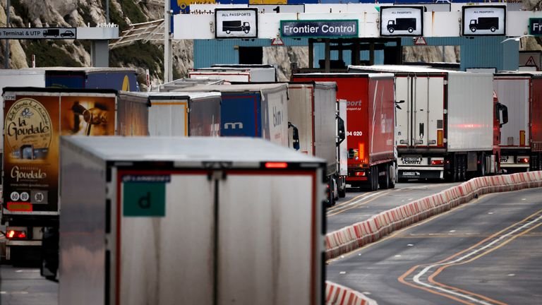 Trucks line up at border control at the Port of Dover in Dover