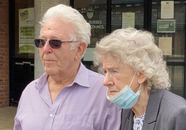 The Argus: Susan's parents Peter and Elizabeth Skelton outside the Crawley investigation.  Photo date: Monday July 5, 2021. PA Photo.  Susan Nicholson, 52, was murdered by Robert Trigg in 2011, five years after killing her former partner, Caroline.