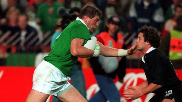 Rugby Union - Ireland v New Zealand, 1995 World Cup Mandatory Credit: Action Images / Stuart Franklin Ireland's Neil Francis Drives for the line but Marc Ellis of New Zealand tries to get in his way