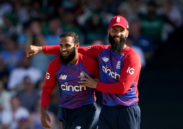 Spin Kings: Yorkshire's Adil Rashid, left, won 2-30, including a brilliant catch at his own bowling alley to fire Mohammed Riswan, while English spinners Moeen Ali (right) packed 2-32 and Matt Parkinson, 3-33 .  Image: Zac Goodwin / PA Wire.
