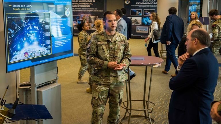 Secretary of Defense Ben Wallace is briefed during an overview presentation from the Space and Missile Systems Center in the United States.  US Space Force Space and Missile Systems Center