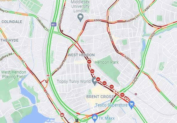 Time series: Dark red lines indicate traffic intensity in the Hendon area.  The entry prohibition symbols are the A41 southbound.  Credit: Google Maps