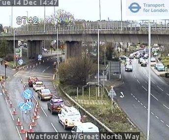 Times Series: The A41 at Fiveways Corner has one closed lane.  Credit: TfL