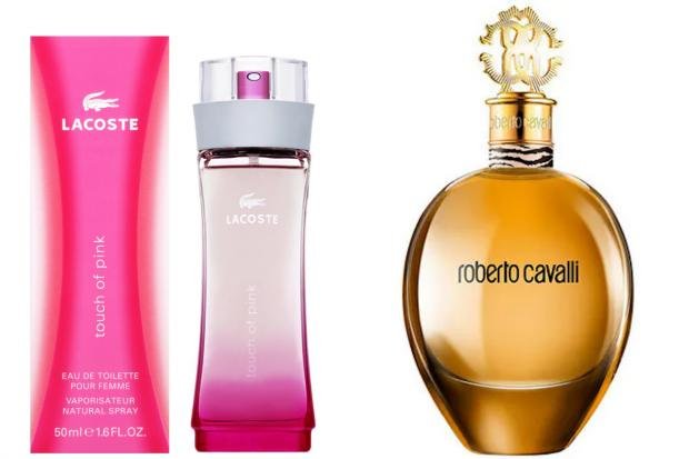 L'Argus: Left: Lacoste Touch Of Pink Eau De Toilette Spray 90 ml.  Right: Roberto Cavalli Eau De Parfum Spray 75ml (The Fragrance Shop)