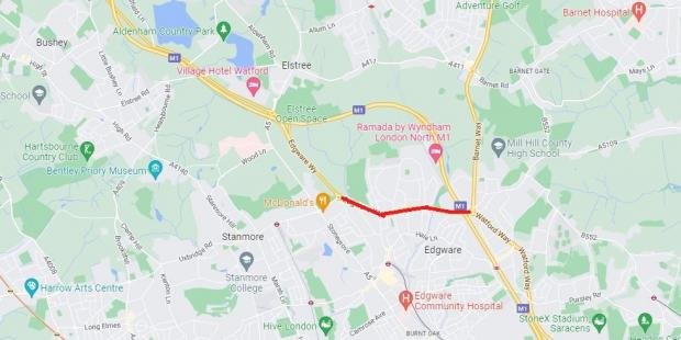 Times Series: This section of the A41 Edgware Way, shown in red, faces lane closures over the next few months which TfL says will cause 'significant' disruption.  Credit: Google Maps