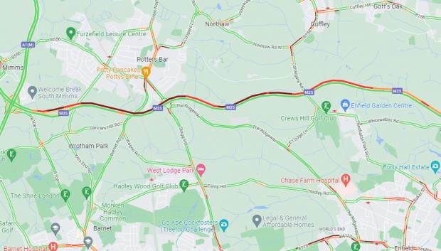 Times Series: Screenshot of heavy traffic on the M25 between Junctions 23 and 25 at 4pm on April 20, as two lanes remain closed at the scene of an oil spill.  Credit: Google Maps