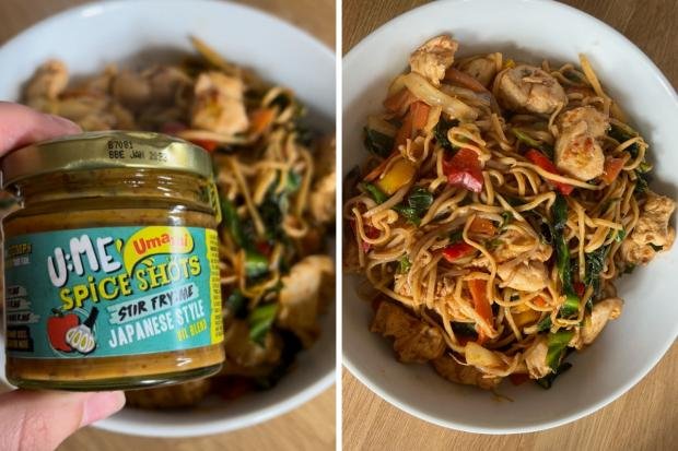 Times Series: (left) U:ME Japanese Style Spice Shot and (right) stir-fried chicken.  (Katie Collier/Canva)