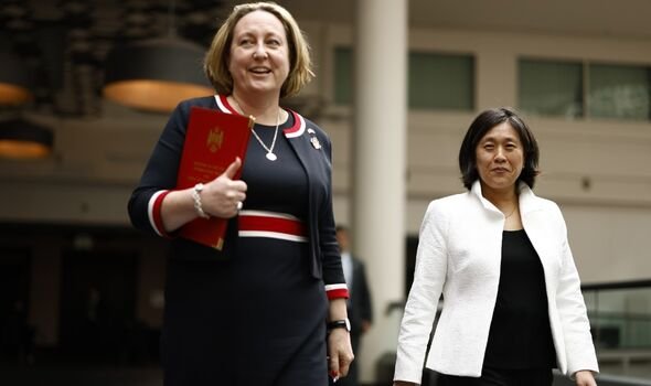 Anne-Marie Trevelyan, UK International Development Secretary, left, and Katherine Tai, US Trade Representative