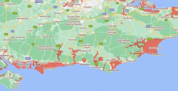 The Argus: Most parts of East and West Sussex are at risk of losing land to rising sea levels. Image: Climate Central