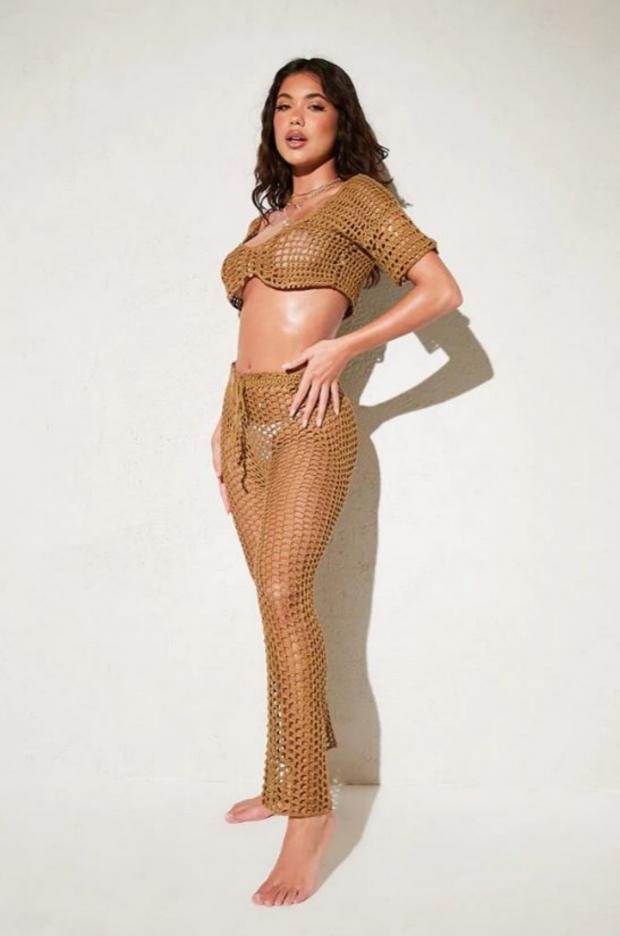 The Argus: Crochet Short-Sleeve Crop Top and Crochet Tie-Waist Pants in Mocha (I saw this first)