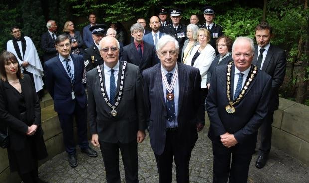 Times Series: Left to right, front row, are Deputy Mayor of Hertsmere, Cllr John Graham;  Deputy Lord-Lieutenant of Hertfordshire, Colonel Kevin Fitzgerald, and Chairman of Hertfordshire County Council, Cllr Seamus Quilty