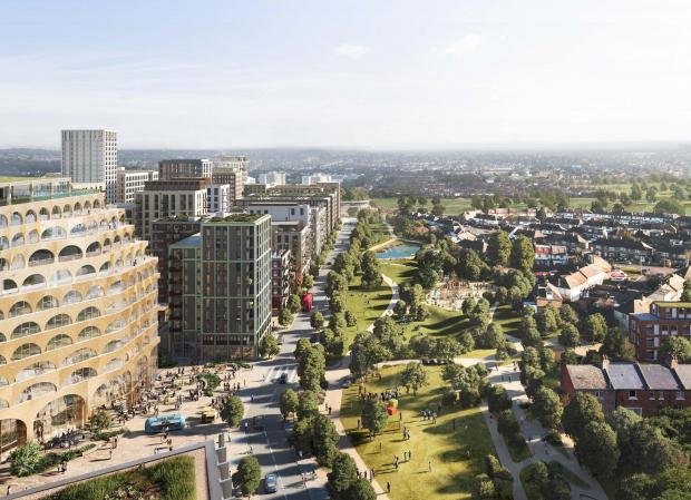 Times Series: Aerial CGI of part of the Brent Cross Town project.  Credit: Associated Money