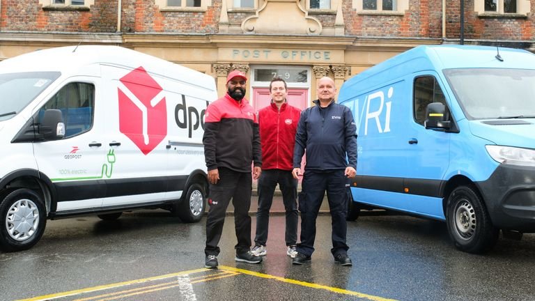 EMBARGOED TO 0001 TUESDAY NOVEMBER 7 EDITORIAL USE ONLY (Right to Left) Neveed, DPD employee, Mark, Post Office employee and Amos, Evri employee, unveil a new partnership between the Post Office and parcel delivery companies, DPD and Evri to launch a new in-branch parcel delivery service, Leighton Buzzard. Issue date: Tuesday November 7, 2023.