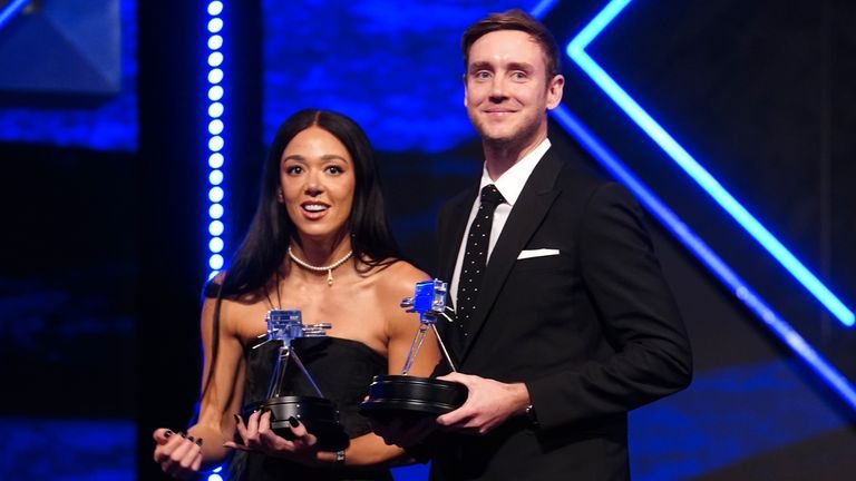 Katarina Johnson-Thompson (left) and Stuart Broad pose with their respective third and second placed BBC Sports Personality of the Year Awards during the 2023 BBC Sports Personality of the Year Awards held at MediaCityUK, Salford. Picture date: Tuesday December 19, 2023.

