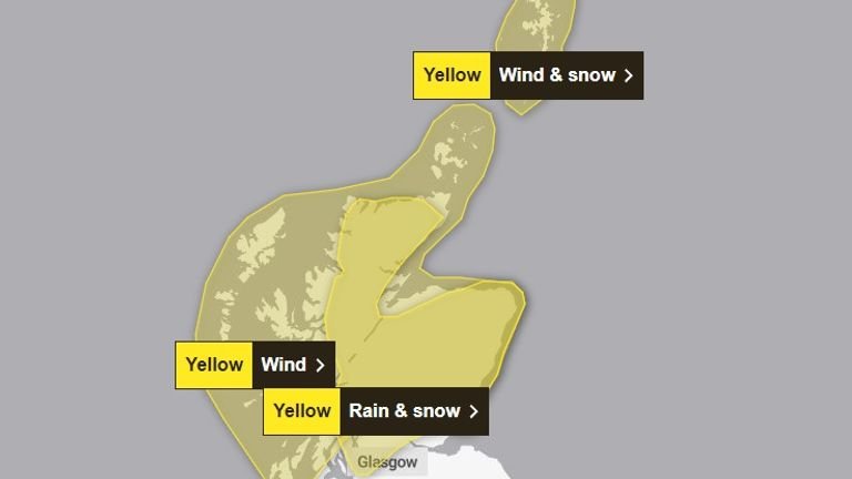 Most of Scotland is affected by some kind of yellow weather warning on Wednesday evening